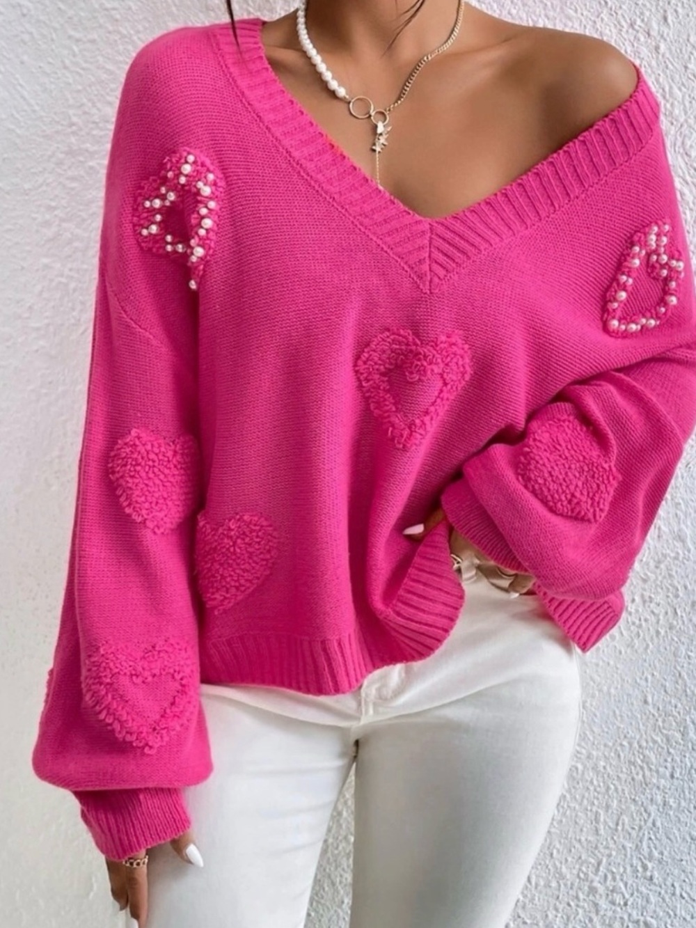 07 Cozy Heart V neck Vday oversized Sweater Top - Picture 2 of 8